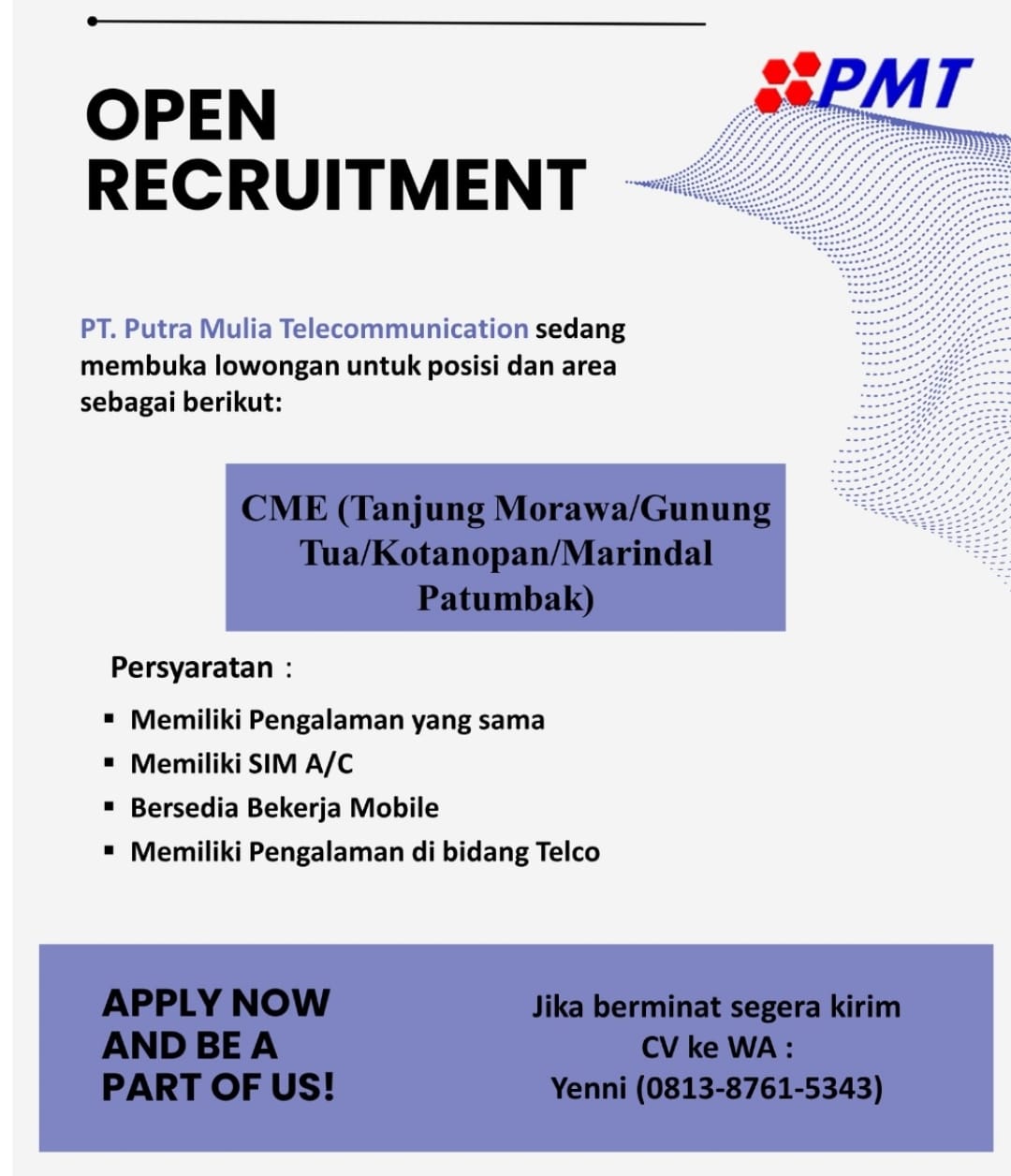 SMK Negeri 2 Tebing Tinggi - Lowongan Kerja PT. PMT - CME Tj Morawa, Gunung Tua, Kota Nopan, Marindal, Patumbak